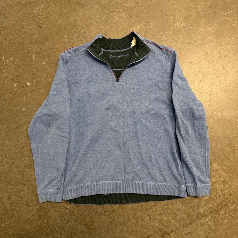 Tommy Bahama Mens XL Blue Quarter Zip Cotton Pullover Sweater Marlin Logo 2729